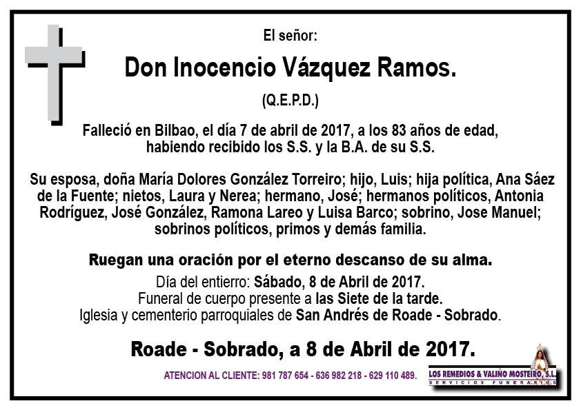 Esquela de Inocencio Vázquez Ramos.